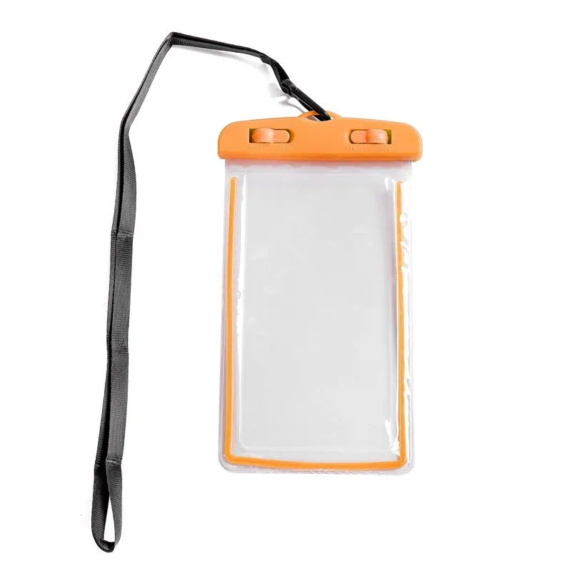 Luminous transparent mobile phone waterproof bag in blue for swimming and beach use
