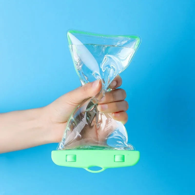 Luminous transparent mobile phone waterproof bag in blue for swimming and beach use