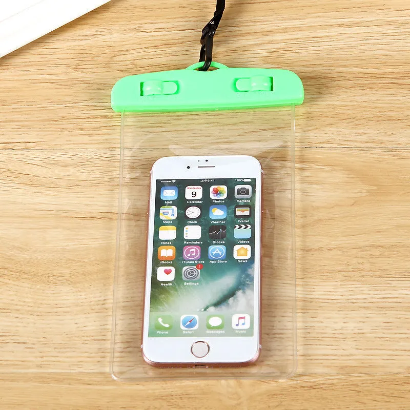 Luminous transparent mobile phone waterproof bag in blue for swimming and beach use