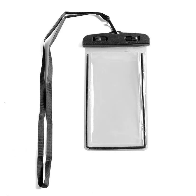 Luminous transparent mobile phone waterproof bag in blue for swimming and beach use