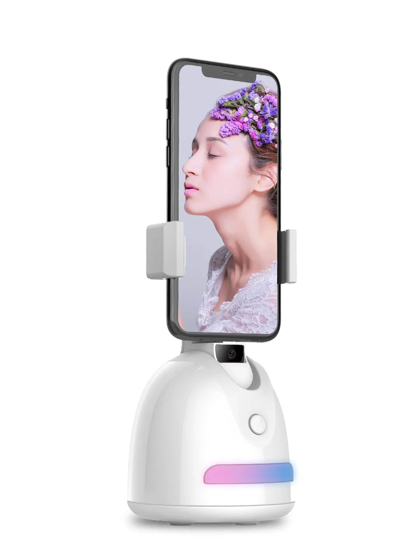 Mobile phone clip-on gimbal with 360-degree face tracking and fill light for indoor vlogging