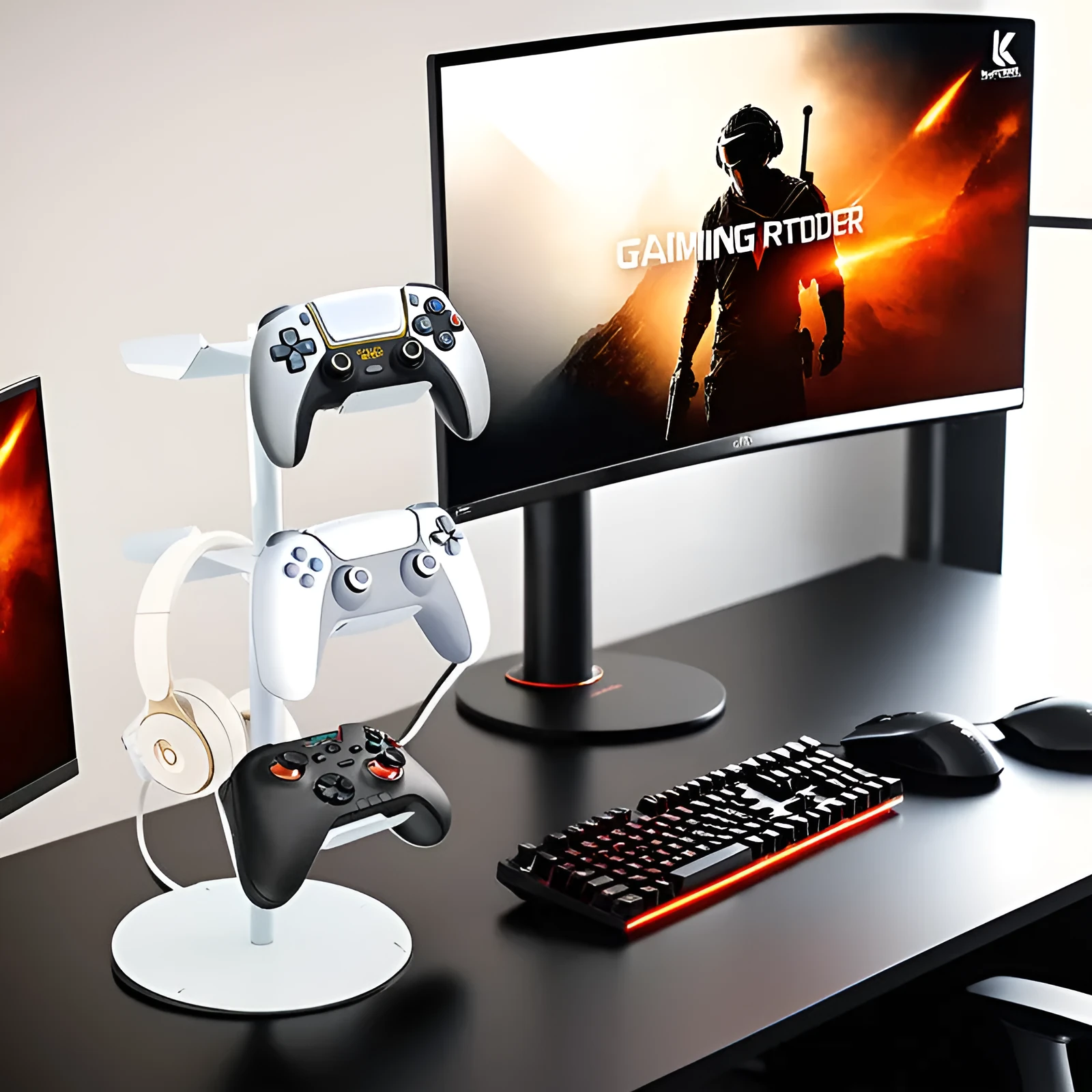 Black two-layer metal headphone bracket holding gaming headsets on a desk