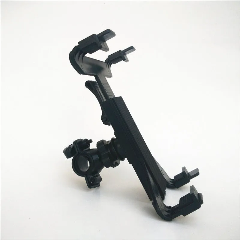 Black bicycle tablet computer stand with adjustable clamp holding an iPad, three-sided sponge padding visible