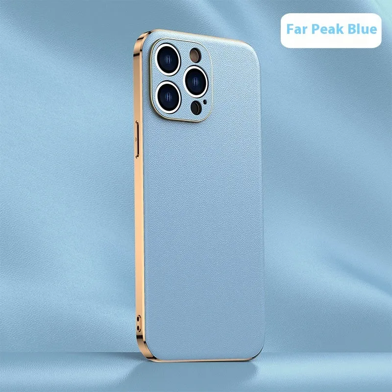 Genuine leather plating shell phone case with anti-fall protection for iPhone, plain Napa texture black