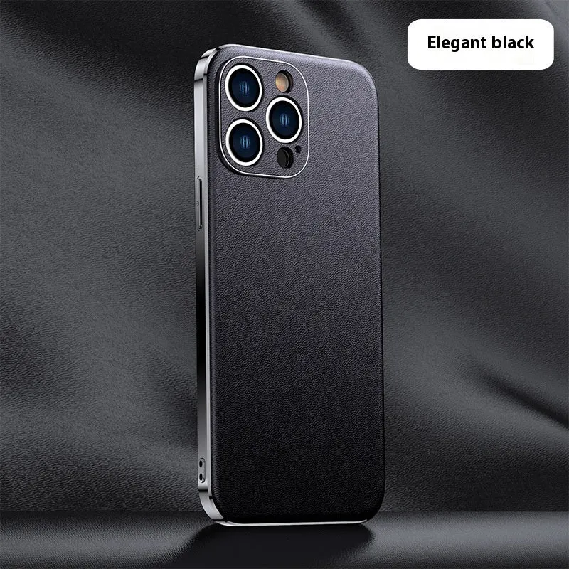 Genuine leather plating shell phone case with anti-fall protection for iPhone, plain Napa texture black