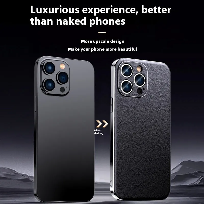 Genuine leather plating shell phone case with anti-fall protection for iPhone, plain Napa texture black