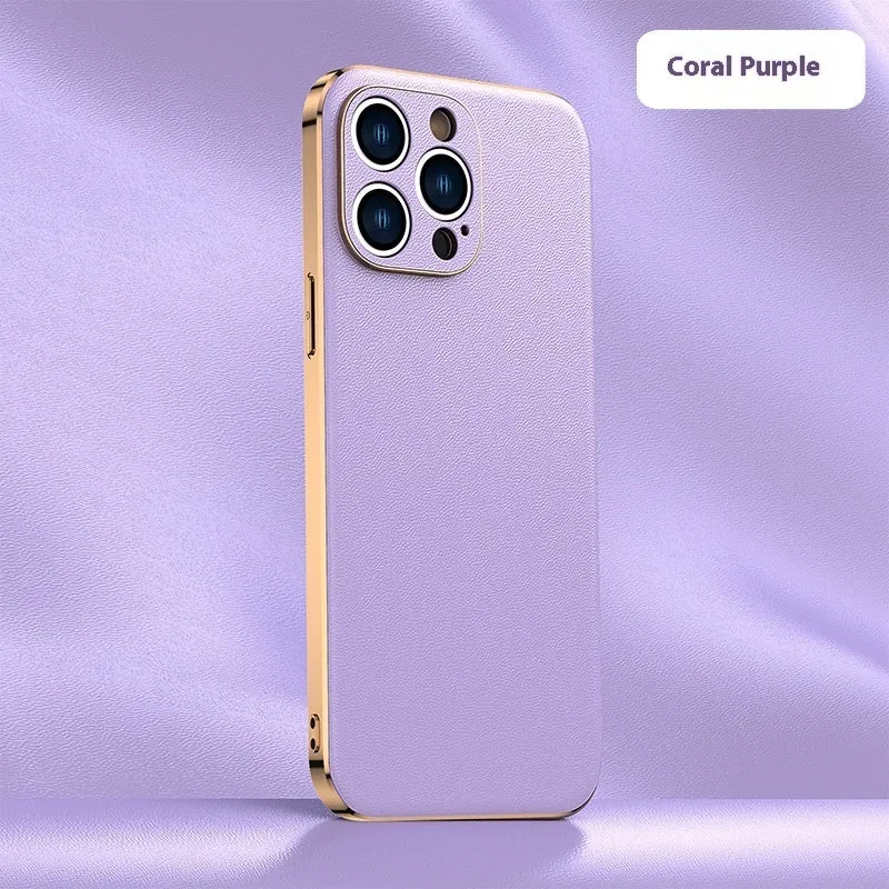 Genuine leather plating shell phone case with anti-fall protection for iPhone, plain Napa texture black