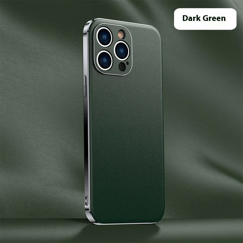 Genuine leather plating shell phone case with anti-fall protection for iPhone, plain Napa texture black