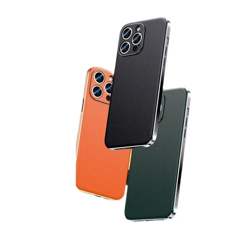 Genuine leather plating shell phone case with anti-fall protection for iPhone, plain Napa texture black