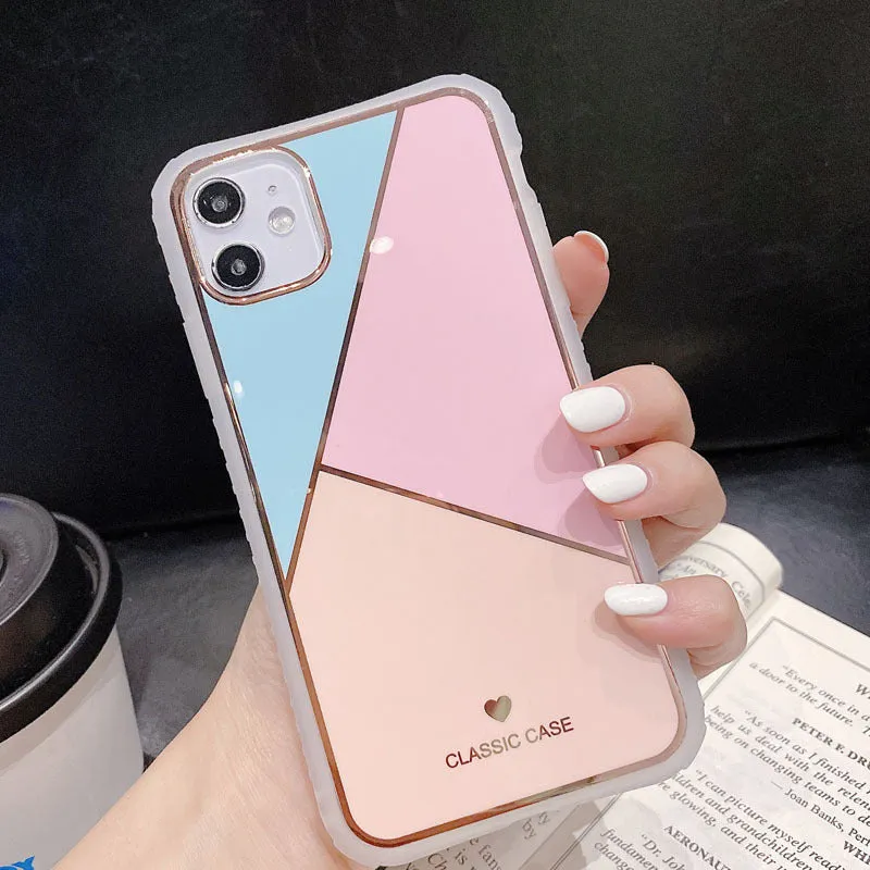 Geometric marble plating splicing phone case in glossy finish with silicone and TPU back cover for iPhone models