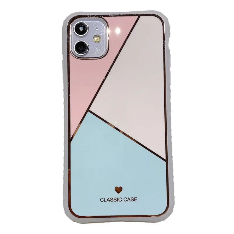 Geometric marble plating splicing phone case in glossy finish with silicone and TPU back cover for iPhone models