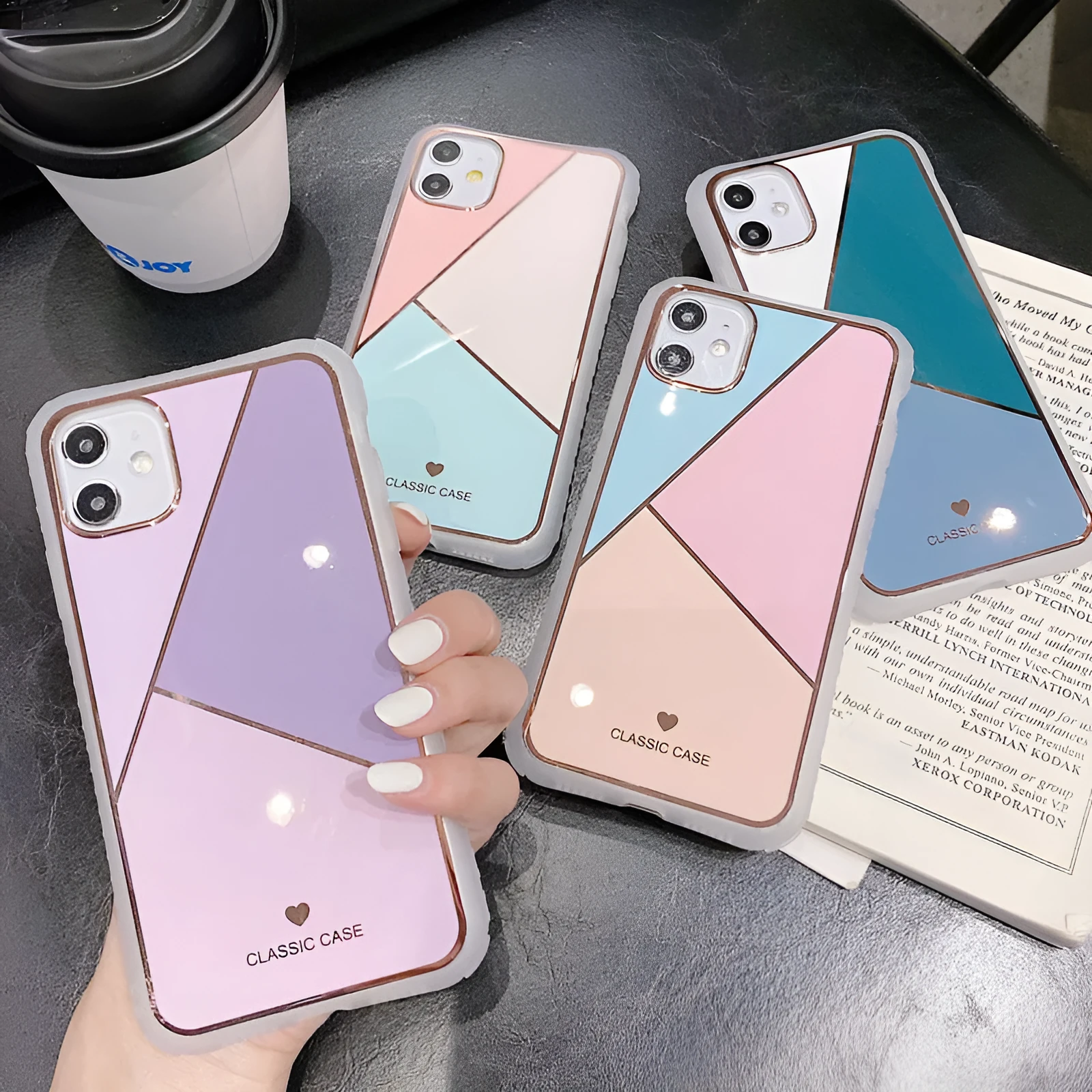 Geometric marble plating splicing phone case in glossy finish with silicone and TPU back cover for iPhone models
