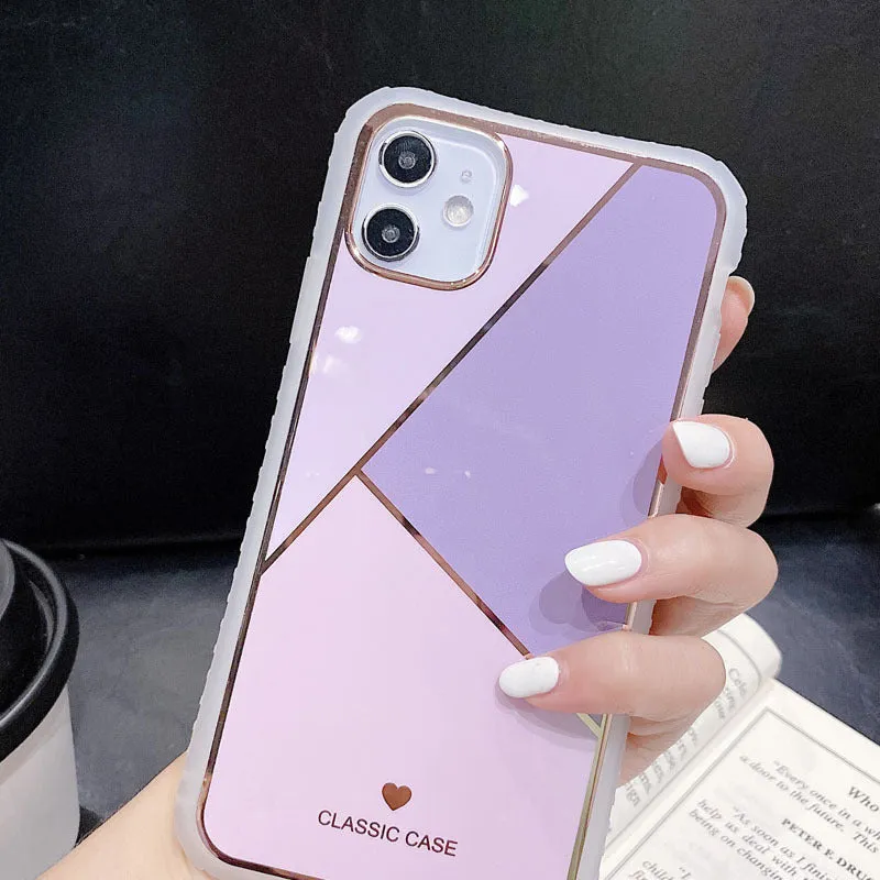 Geometric marble plating splicing phone case in glossy finish with silicone and TPU back cover for iPhone models