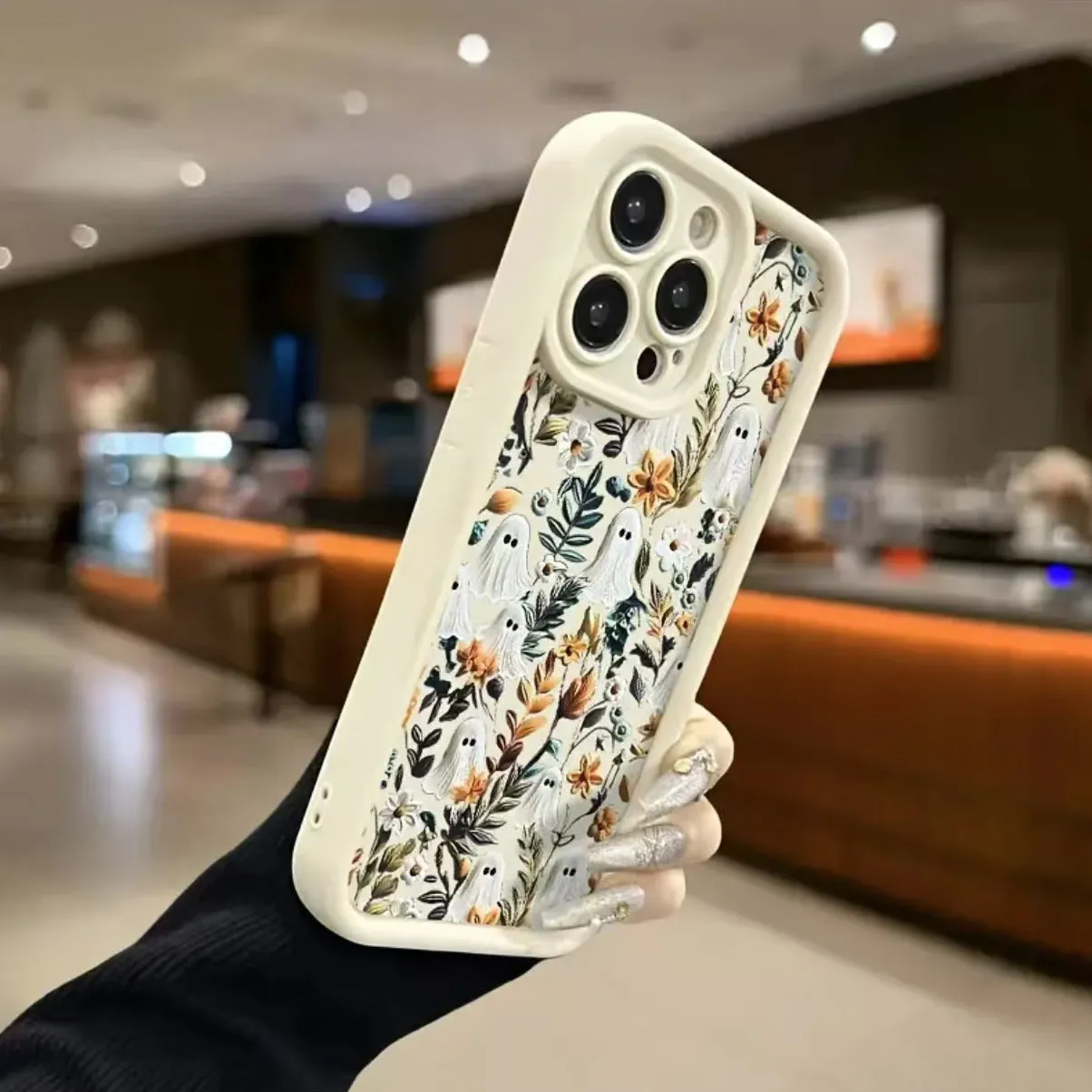 Ghost Flower frosted TPU phone case for Apple iPhone showing bracket stand and four colour options