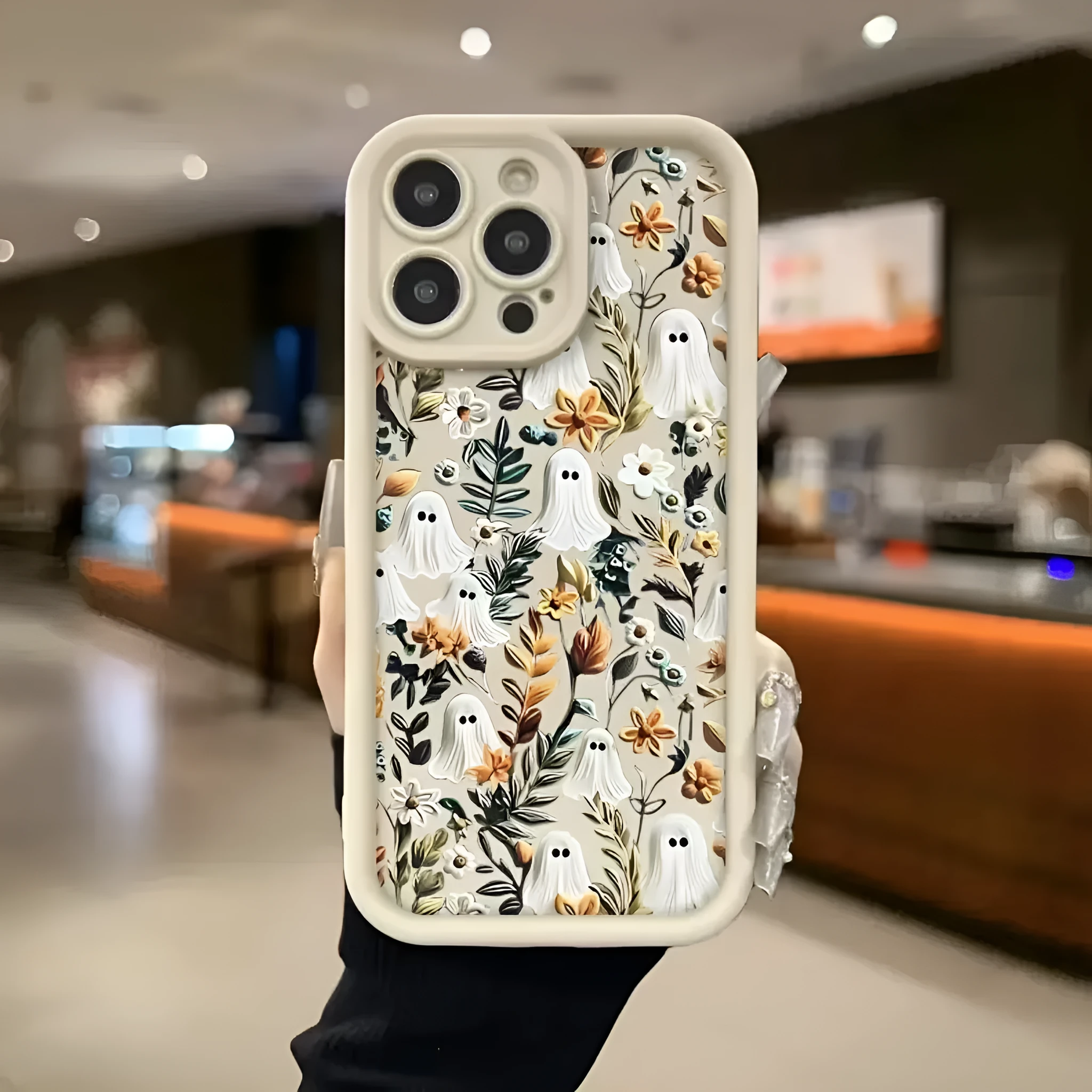 Ghost Flower frosted TPU phone case for Apple iPhone showing bracket stand and four colour options
