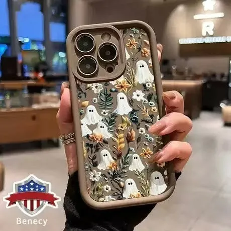Ghost Flower frosted TPU phone case for Apple iPhone showing bracket stand and four colour options