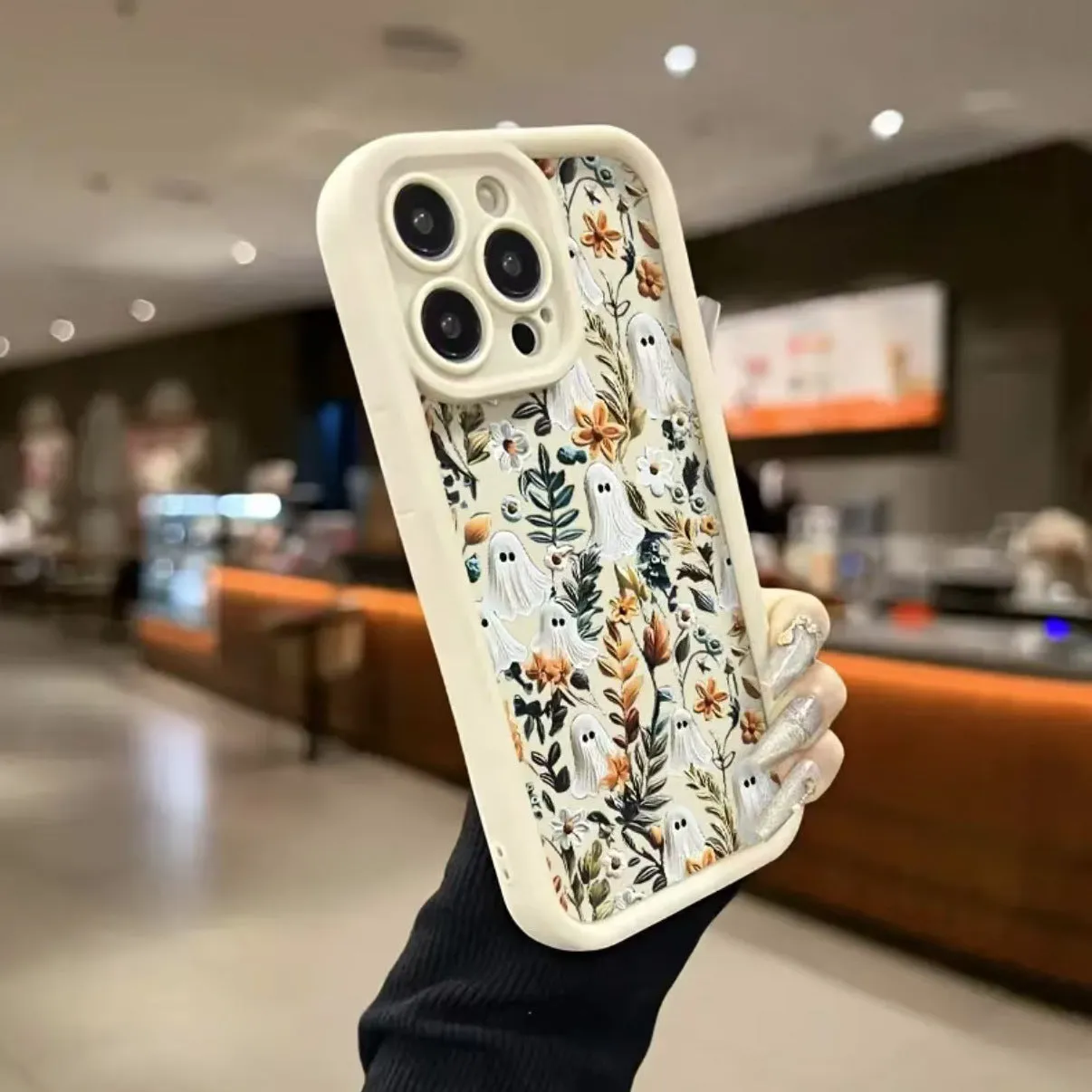 Ghost Flower frosted TPU phone case for Apple iPhone showing bracket stand and four colour options