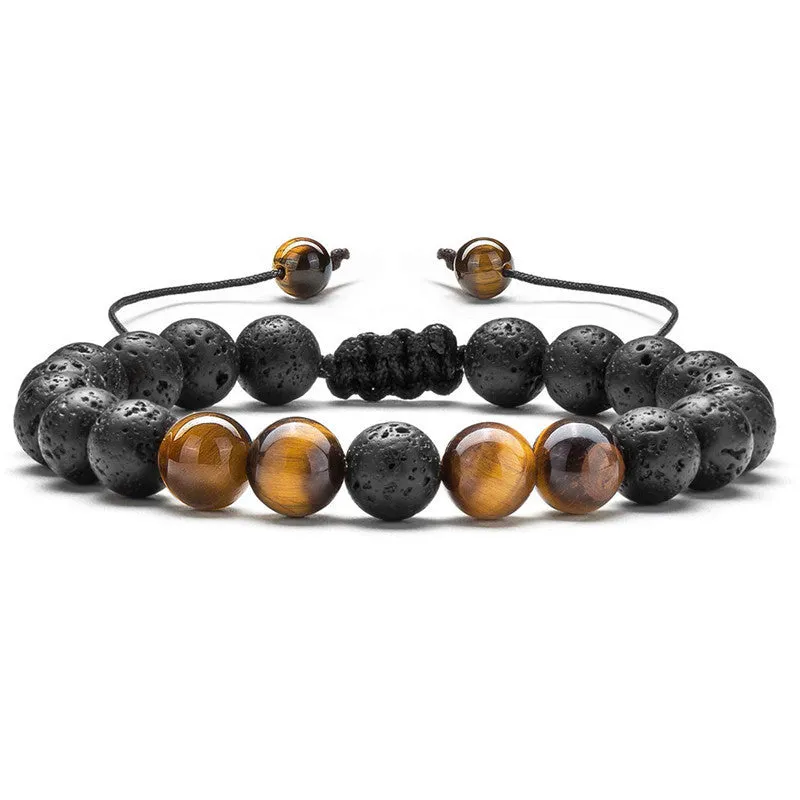 Matte black agate couple bracelets with geometric beads and tiger eye design