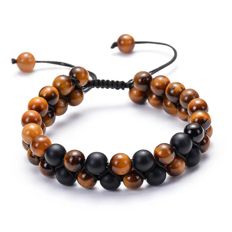 Matte black agate couple bracelets with geometric beads and tiger eye design