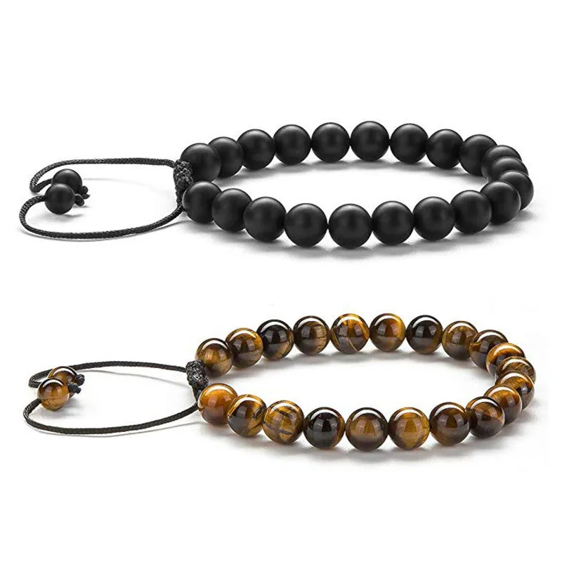 Matte black agate couple bracelets with geometric beads and tiger eye design