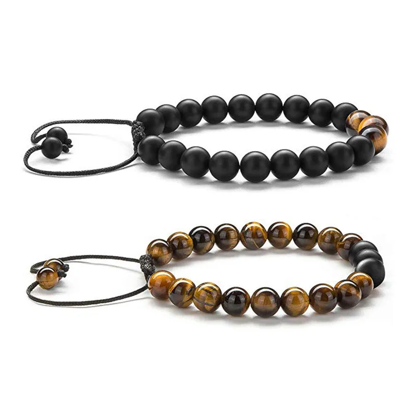 Matte black agate couple bracelets with geometric beads and tiger eye design