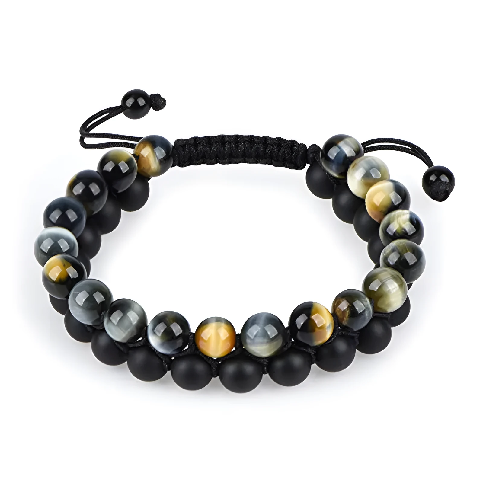 Matte black agate couple bracelets with geometric beads and tiger eye design