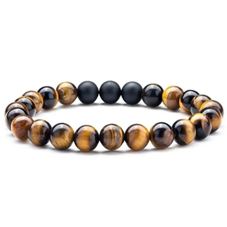 Matte black agate couple bracelets with geometric beads and tiger eye design
