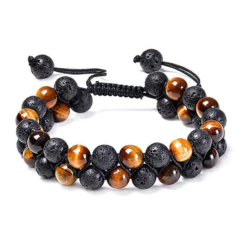 Matte black agate couple bracelets with geometric beads and tiger eye design