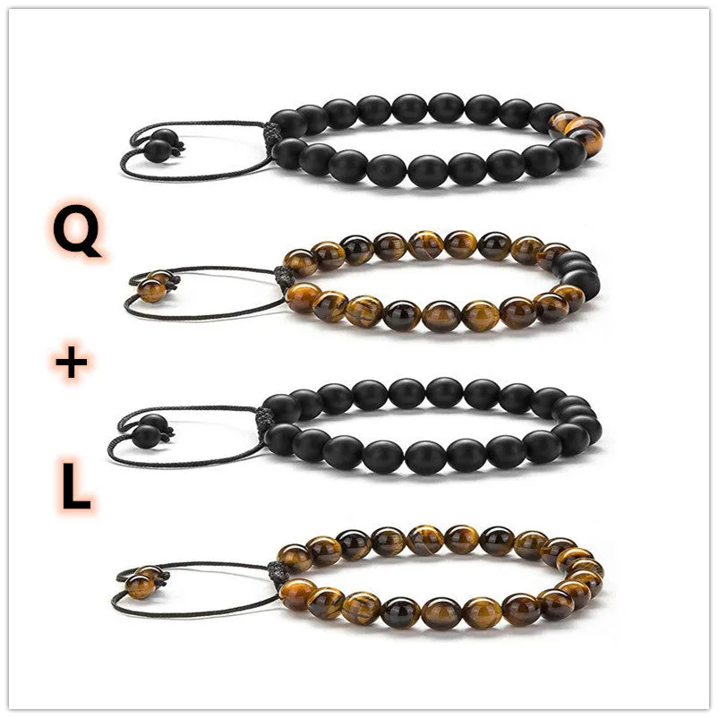 Matte black agate couple bracelets with geometric beads and tiger eye design