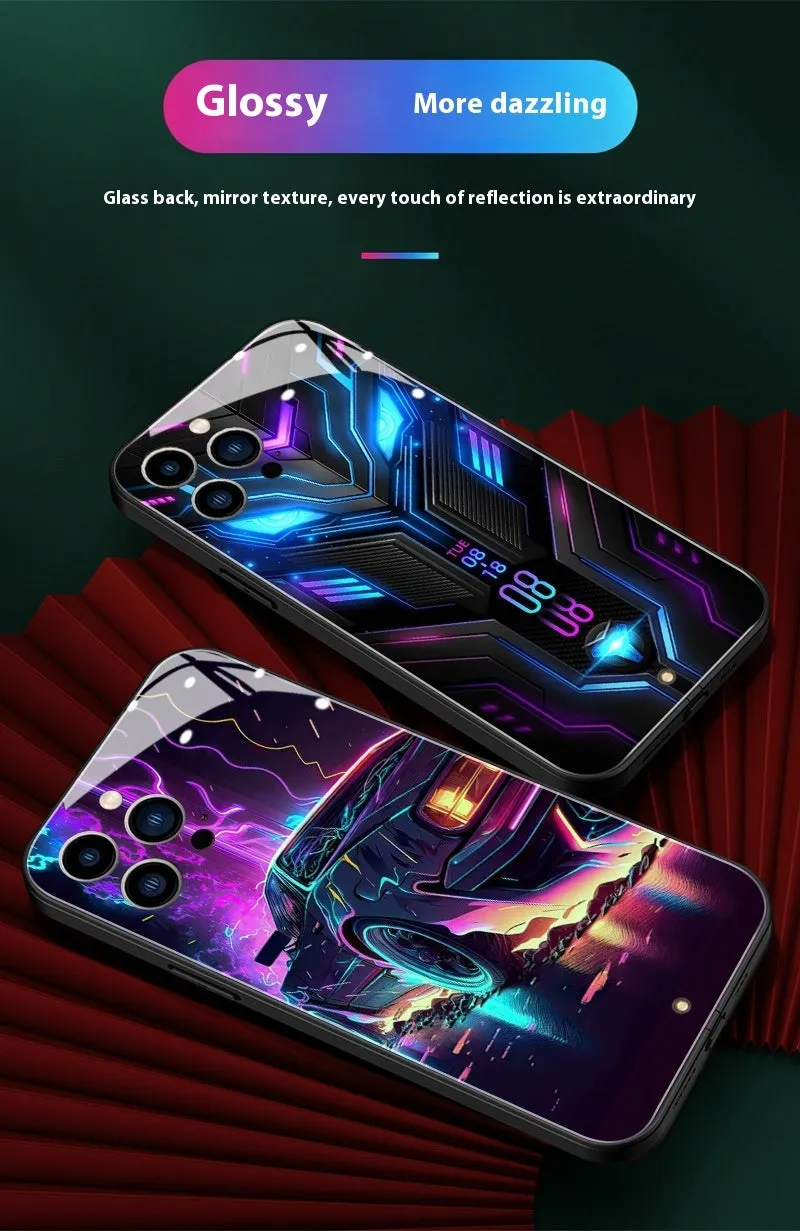 Racing car creative style glass phone case for Apple iPhone 15 in green with shockproof and anti-fingerprint protection