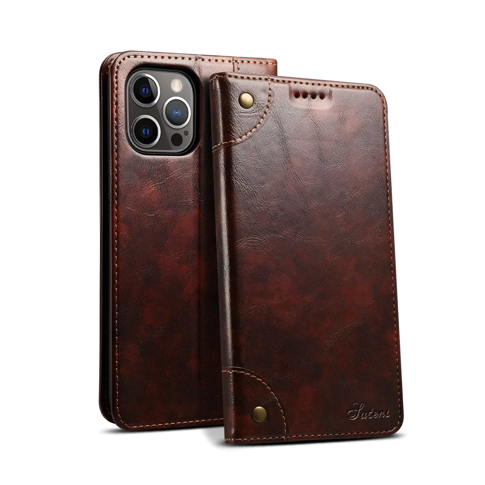 Flip magnetic card holster phone case in black, handmade PU TPU, with bracket, for iPhone 13
