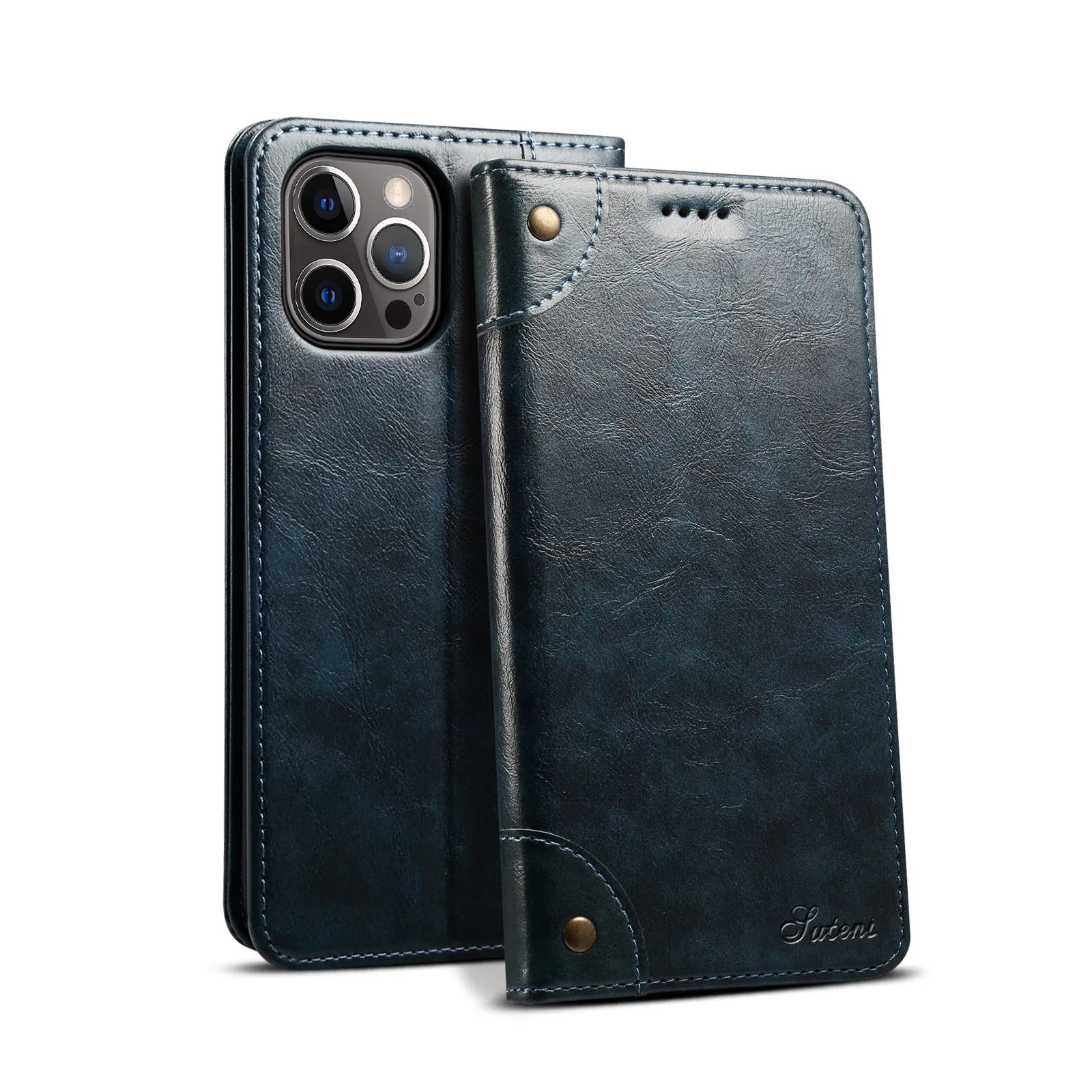 Flip magnetic card holster phone case in black, handmade PU TPU, with bracket, for iPhone 13