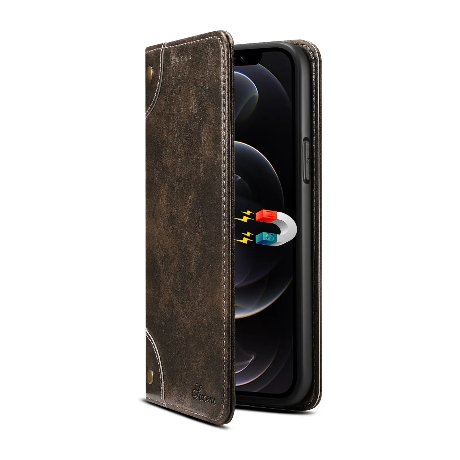 Flip magnetic card holster phone case in black, handmade PU TPU, with bracket, for iPhone 13