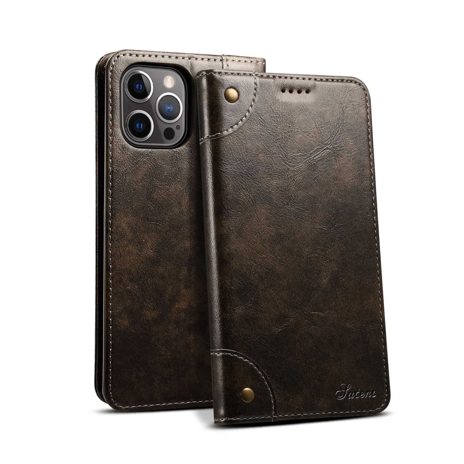 Flip magnetic card holster phone case in black, handmade PU TPU, with bracket, for iPhone 13
