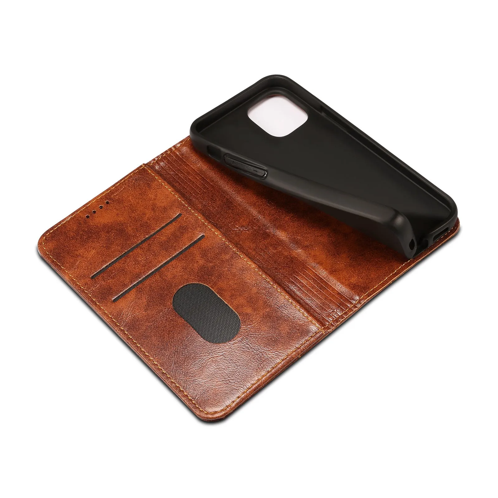 Flip magnetic card holster phone case in black, handmade PU TPU, with bracket, for iPhone 13