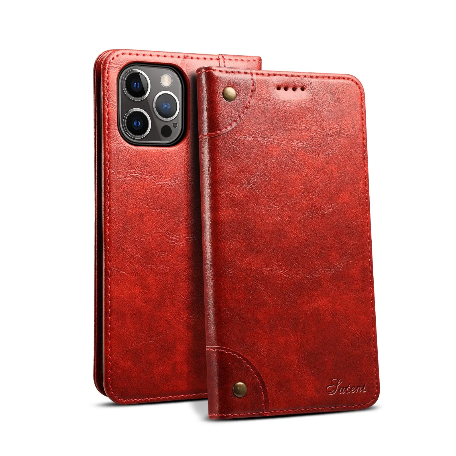 Flip magnetic card holster phone case in black, handmade PU TPU, with bracket, for iPhone 13