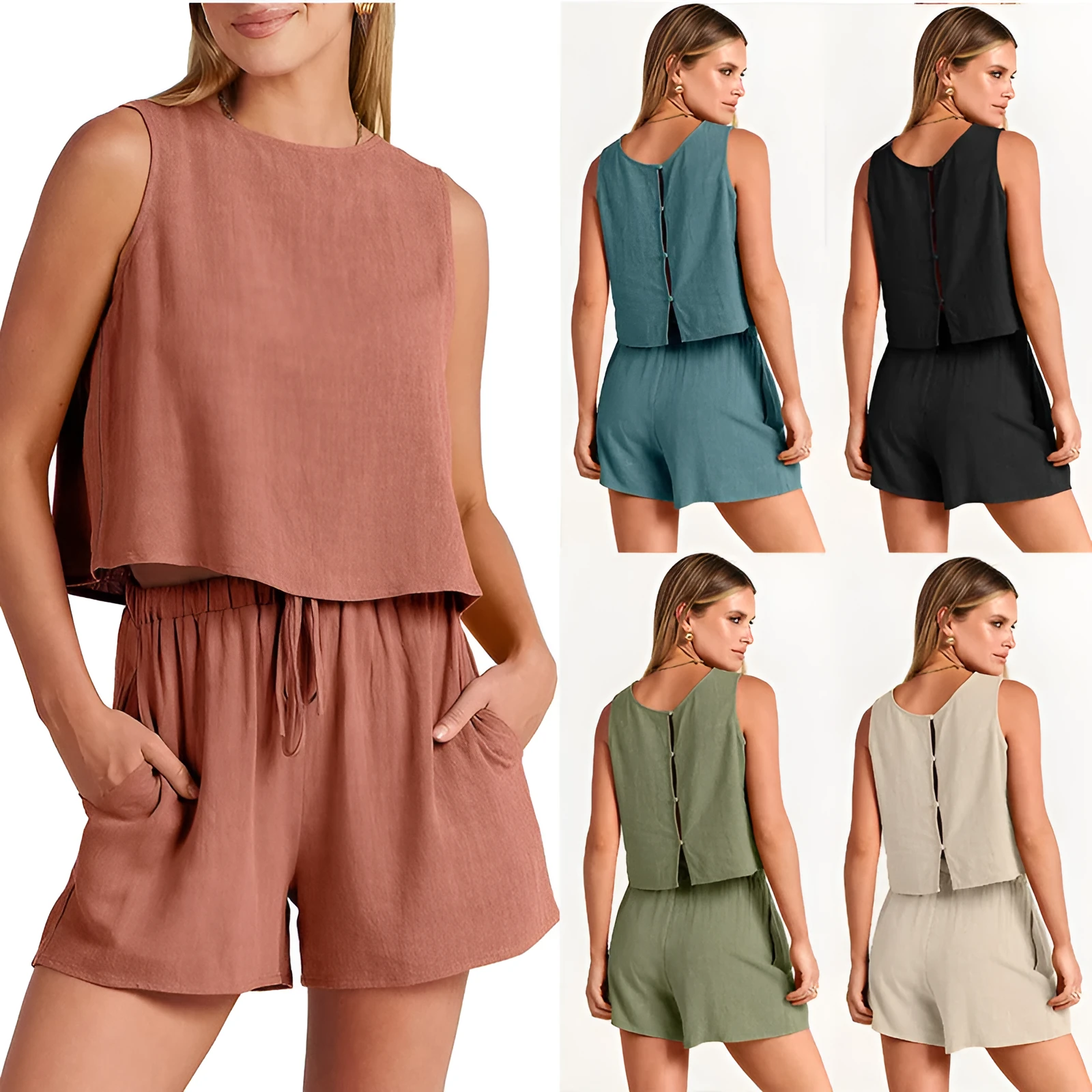 Women's apricot-coloured sleeveless top and matching drawstring shorts from a rayon-linen summer two-piece set.