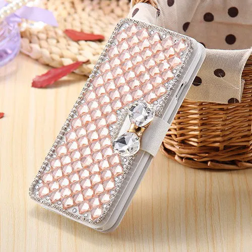 Luxury bling crystal rhinestone diamond wallet flip cover case for iPhone and Samsung in rose gold