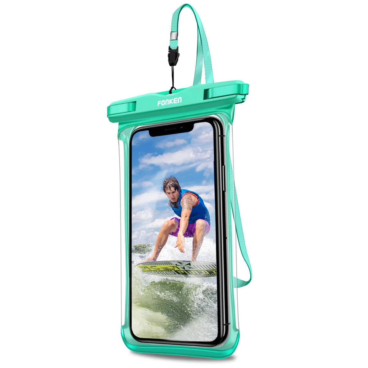Transparent mobile phone waterproof diving bag with double ring seal, in black, holding a smartphone