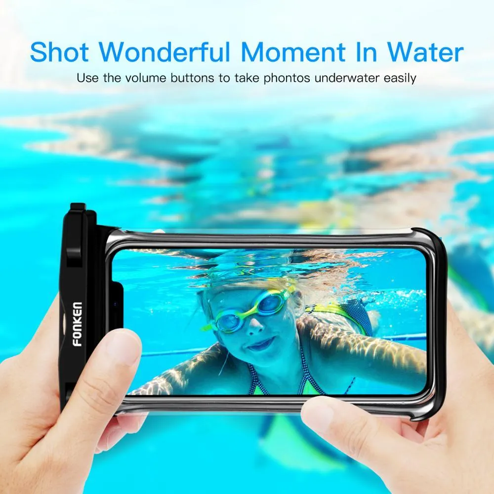 Transparent mobile phone waterproof diving bag with double ring seal, in black, holding a smartphone