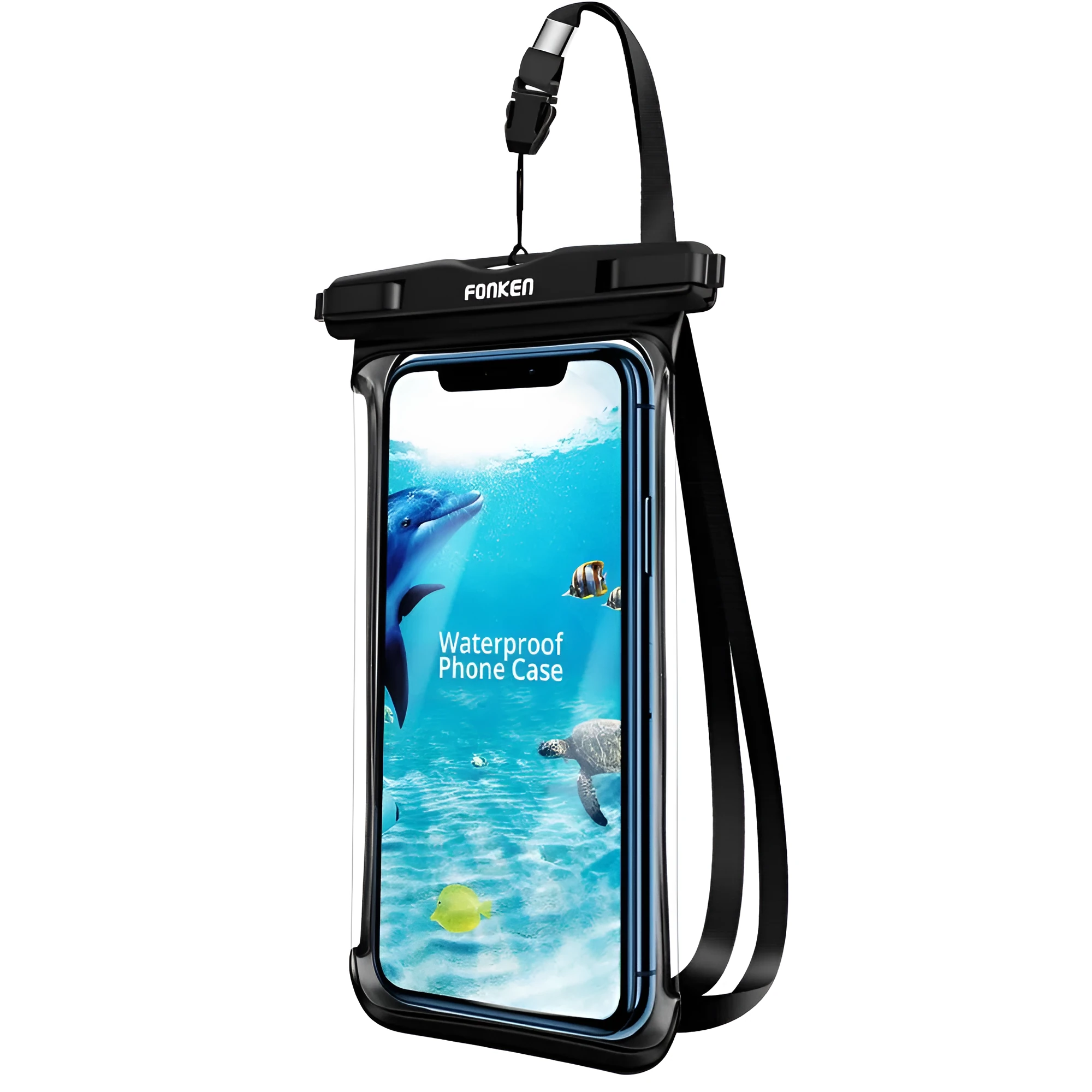 Transparent mobile phone waterproof diving bag with double ring seal, in black, holding a smartphone