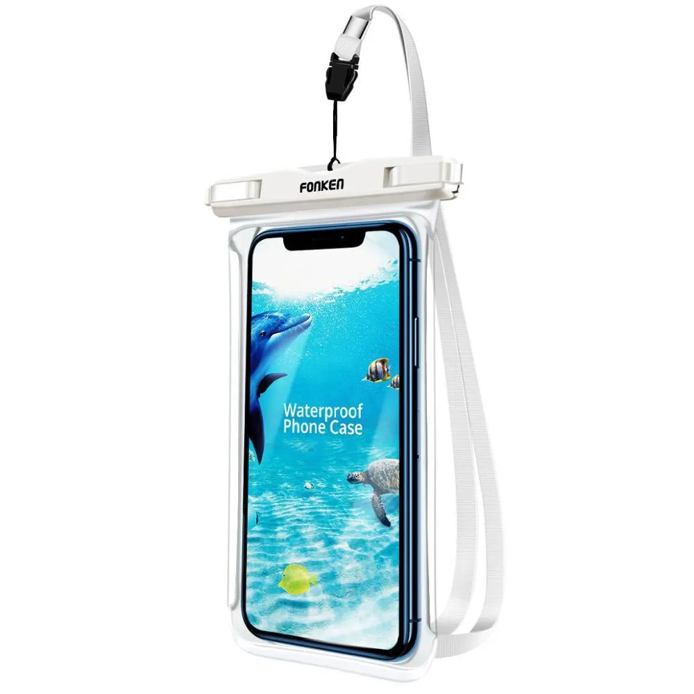 Transparent mobile phone waterproof diving bag with double ring seal, in black, holding a smartphone