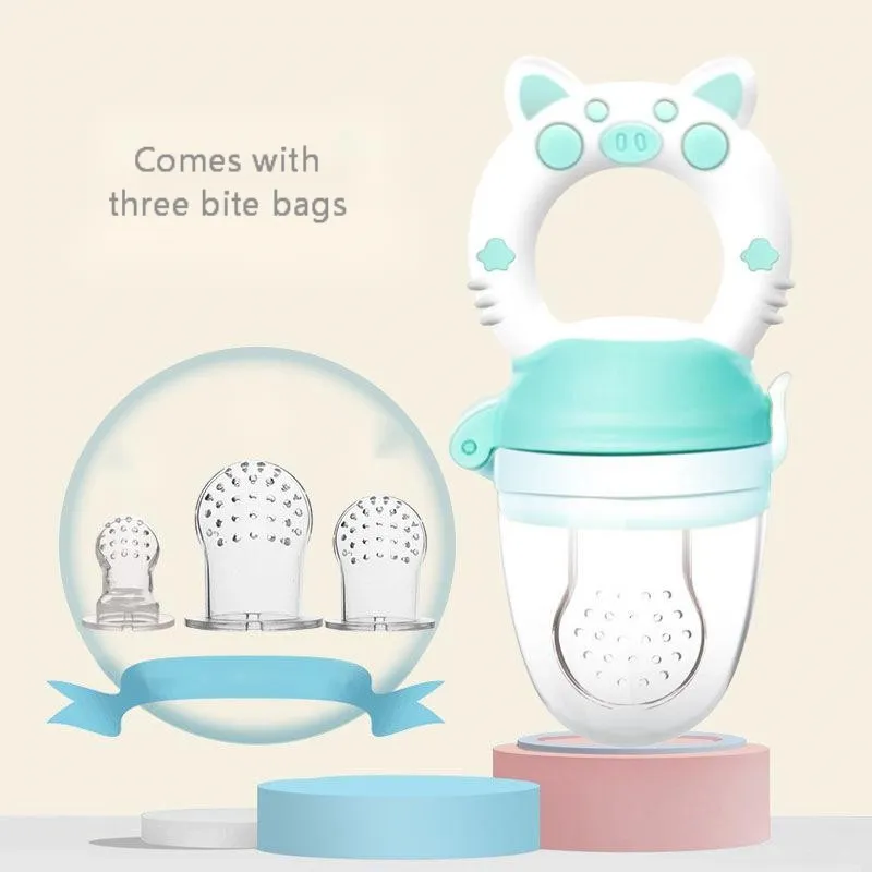 Silicone baby teether with textured chewing surfaces in blue, green and pink colour options