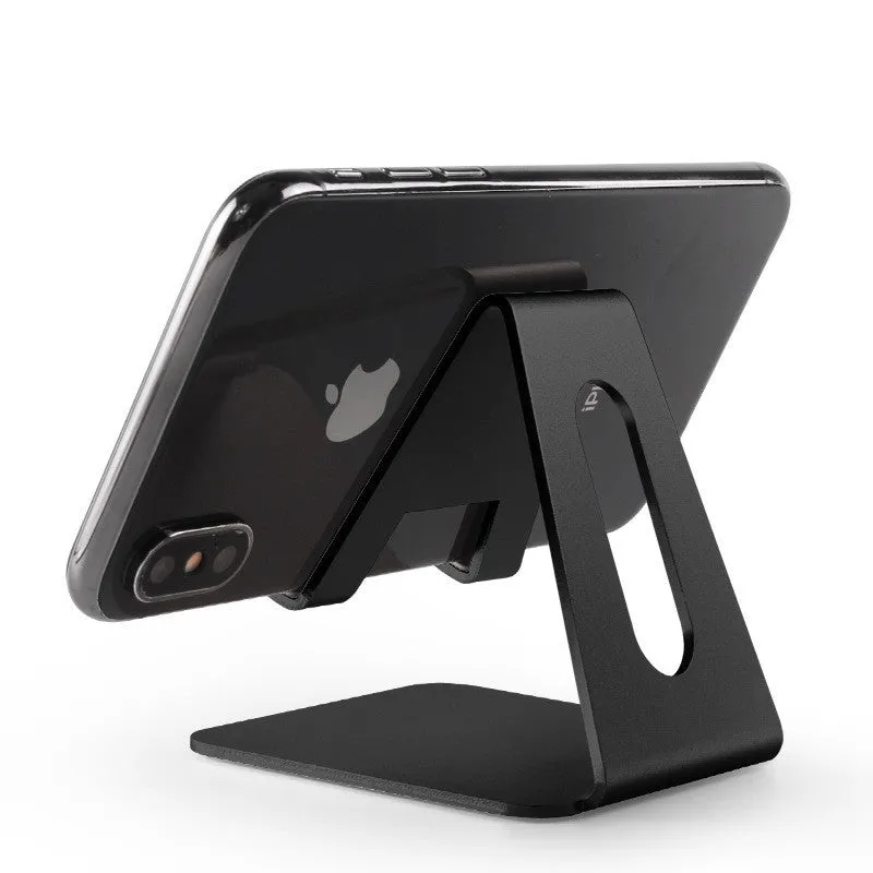 Metal desktop phone holder in black with adjustable arm compatible with Apple iPhone charging