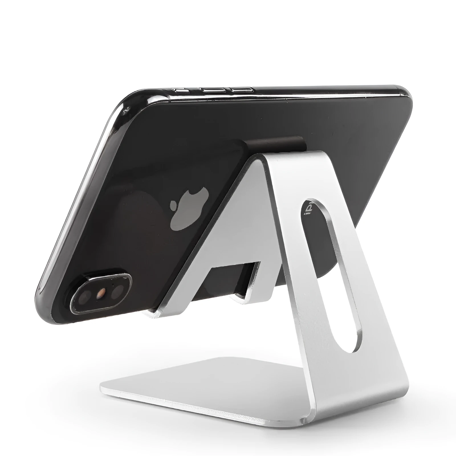Metal desktop phone holder in black with adjustable arm compatible with Apple iPhone charging