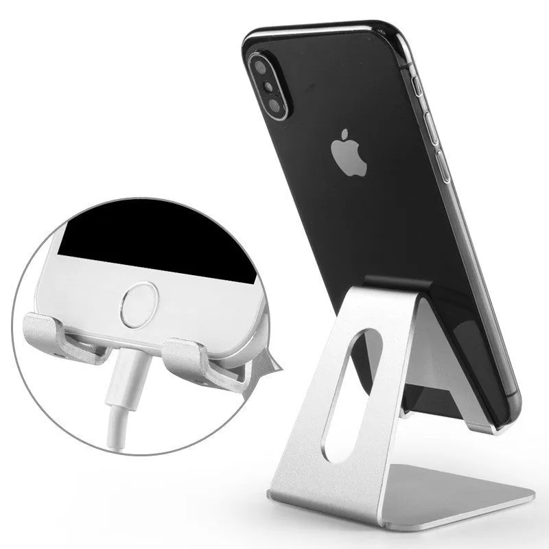 Metal desktop phone holder in black with adjustable arm compatible with Apple iPhone charging