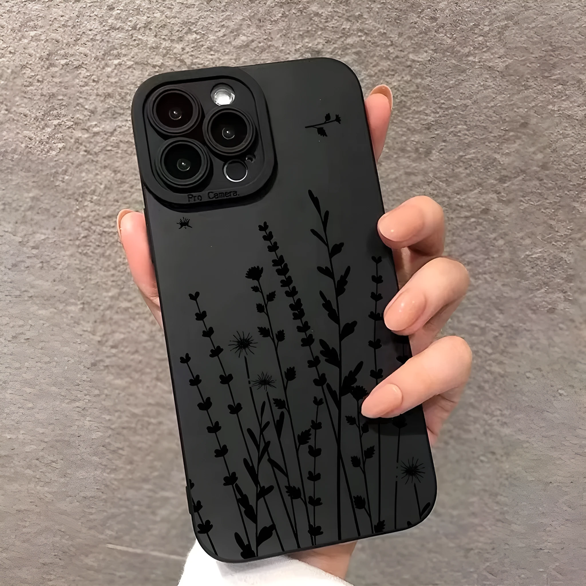 Black TPU silicone phone case with flowers and branches print straight edge frosted finish for iPhone