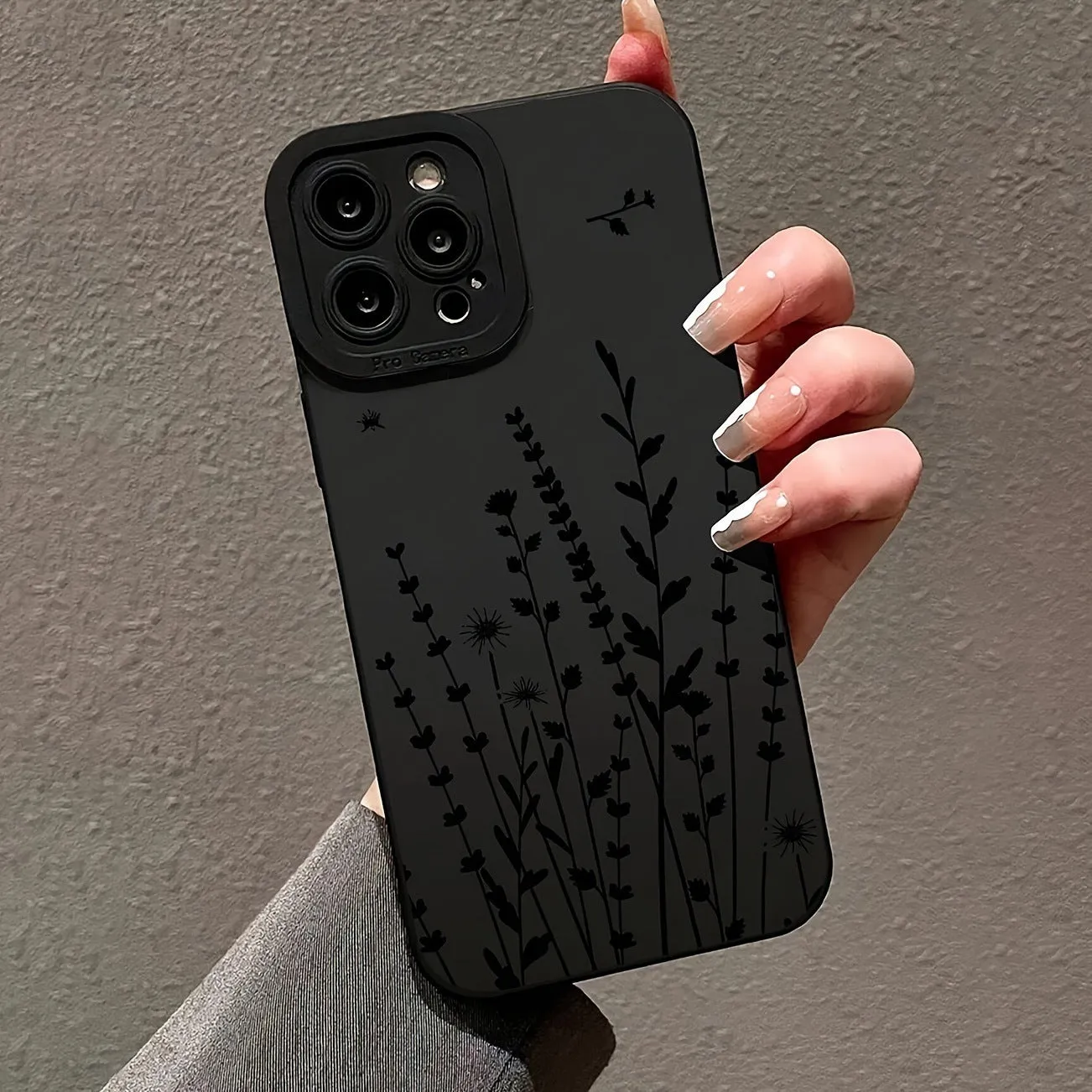 Black TPU silicone phone case with flowers and branches print straight edge frosted finish for iPhone
