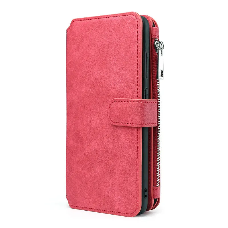Samsung wallet style phone case with card slots in black, brown, and red, handmade from TPU and PC