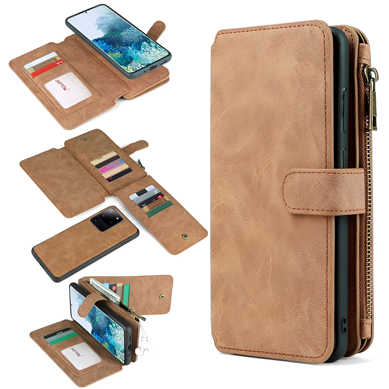 Samsung wallet style phone case with card slots in black, brown, and red, handmade from TPU and PC